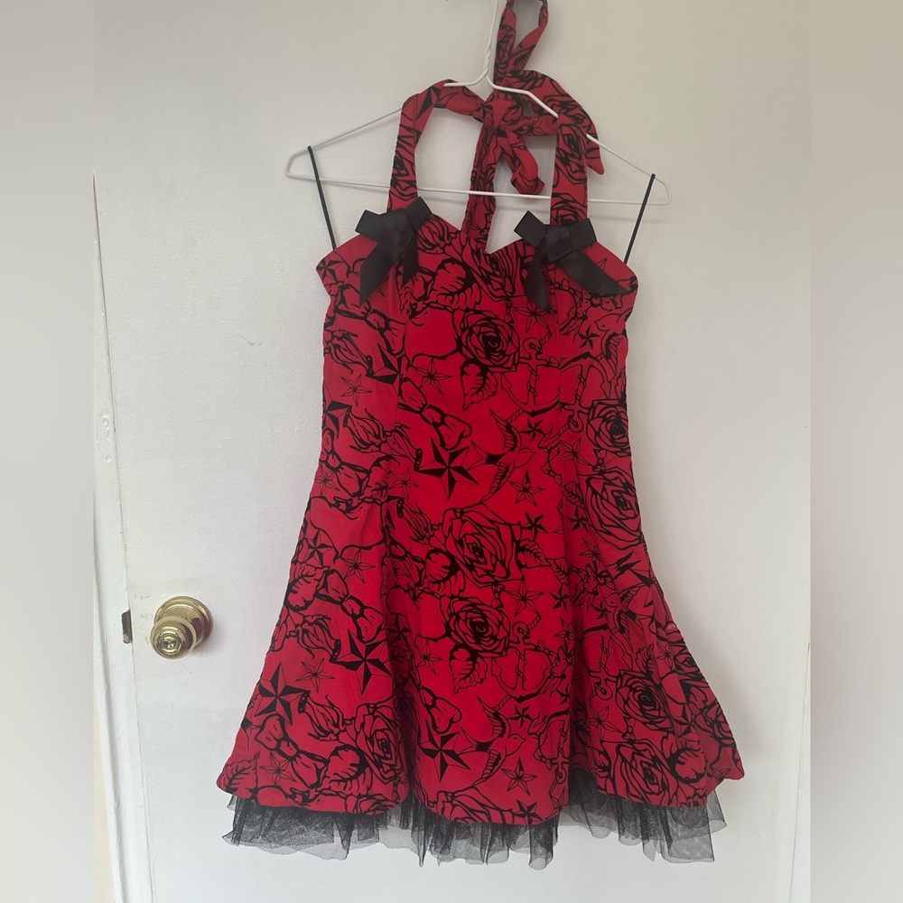 Red retro rockabilly tattoo print halter dress